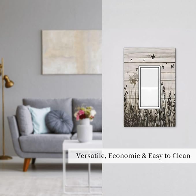 Wildflower Butterfly Grass Dandelion Vintage Wooden Print Decorative Outlet Covers 1 Gang Single Rocker Light Switch Cover Plate Wall Plates GFCI Faceplate for Farmhouse Home Decor
