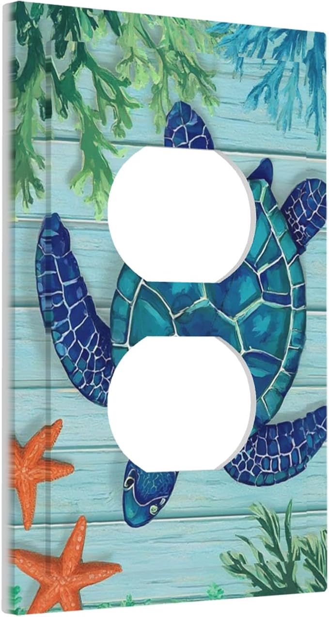 Coastal Sea Turtle Duplex Wall Plate - 1-Gang Standard US Size Mosaic Starfish Outlet Covers, Nautical Ocean Theme for Coastal Homes
