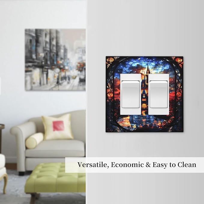 Medieval Fantasy Castle Magic Academy Decorative Outlet Covers 2 Gang Double GFCI Rocker Electrical Wall Panels Light Switch Cover Plate for Kids Room Bedroom Decor