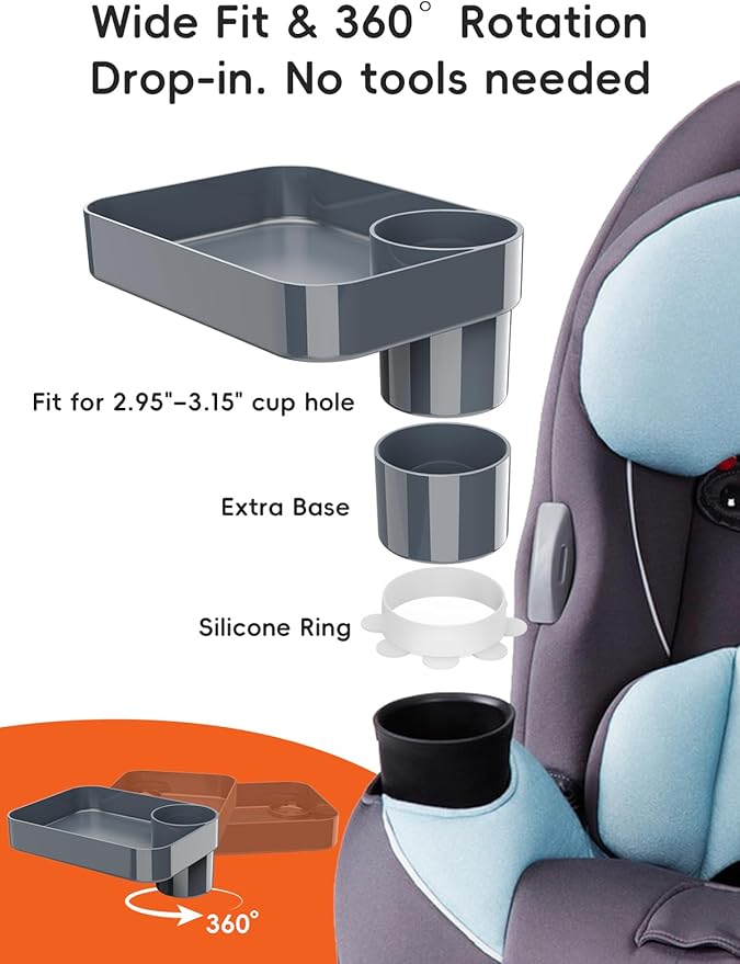 Car Seat Cup Holder Snack Tray for Kids, Reduces Mess, Detachable Large Base & Adjustable Ring, Carseat Tray for Toddler, Car Seat Food Tray Table for Kids Travel Road Trip Essentials-Dark Gray