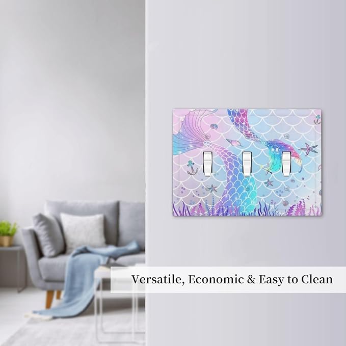 Cute Cartoon Pink Blue Coral Mermaid Scales 3 Gang Outlet Light Switch Cover Face Plate, Purple Marine Anchor Starfish Seashell Mermaid Tail Triple Toggle Switch Wallplate for Girl Kids Bedroom Decor
