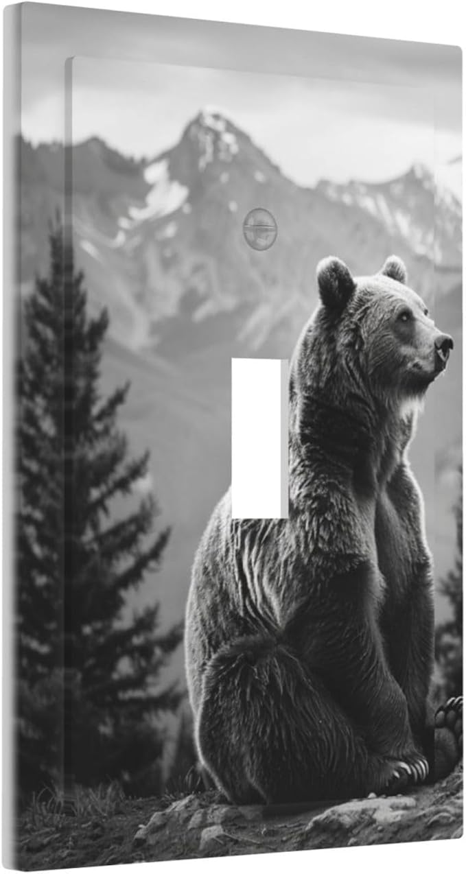 Light Switch Cover Plate Black White Bear Mountain Pine Trees Wilderness 1 Gang Single Toggle Decorative Switch Plates Wall Plates Electrical Faceplate for Bathroom Bedroom Decor
