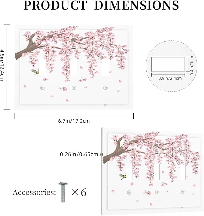 Pink Flower Tree Branch Cherry Blossom Tree Floral Birds Decorative Switch Plates 3 Gang Wall Plate Triple Toggle Light Switch Cover Faceplate Electrical Wall Panels for Bedroom Living Room Decor