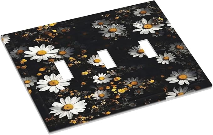 White Black Daisy Wildflower Modern Chrysanthemum Decorative Switch Plates 3 Gang Wall Plate Triple Toggle Light Switch Cover Faceplate Electrical Wall Panels for Bedroom Farmhouse Decor