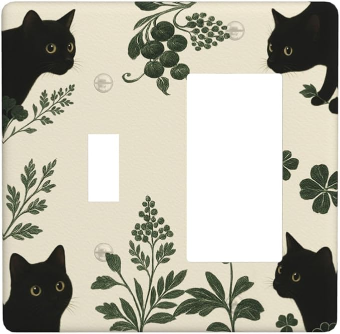 Decorative Outlet Covers Funny Black Cat Green Leaf 2 Gang Light Switch Cover Plate Single Toggle 1 Rocker Wall Plates for Electrical Outlets Switch Plate Covers for Bedroom Home Decor
