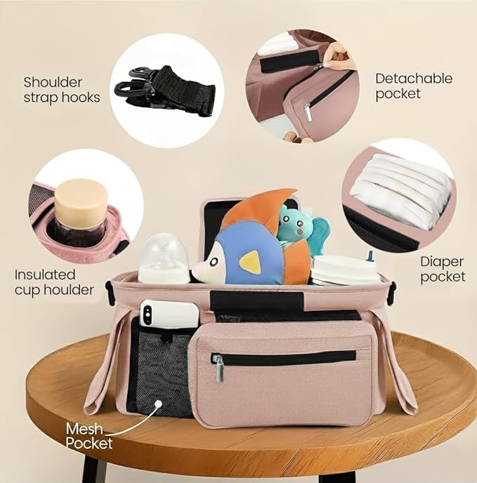 Stroller Organizer with Insulated Cup Holders - Universal Pink Baby Stroller Bag Caddy with Detachable Phone Pocket, Diaper Storage, Adjustable Straps for Uppababy, Doona, Baby Jogger, Britax