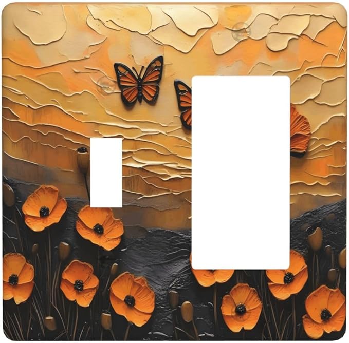 Oil Painting Flower Sunset Butterfly Vintage Rustic Floral Outlet Covers 1 Toggle 1 Rocker Combination Decorative Wall Plate Electrical Switch Plates Light Switch Cover Plate for Bedroom Living Room