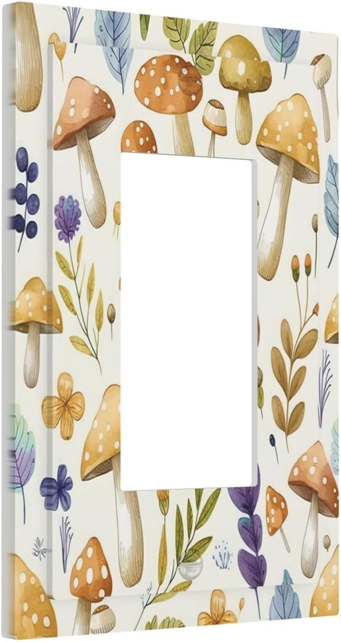 Boho Watercolor Mushroom Flowers Leaf Colorful Floral Decorative Outlet Covers 1 Gang Single Rocker Light Switch Cover Plate Wall Plates GFCI Faceplate for Kids Room Nursery Decor