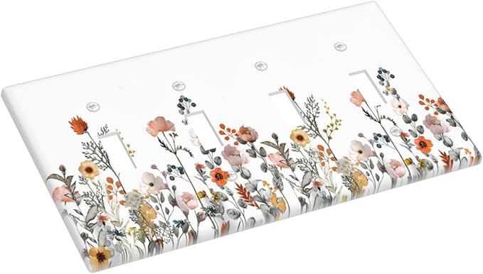 Light Switch Covers Colorful Wildflowers Boho Vintage Floral Quad Toggle Electrical Faceplate 4 Gang Wall Plate Decorative Switch Plates For Bed Room Living Room Decor