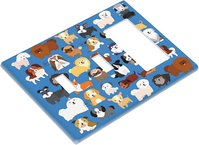 Cute Animal Dogs Puppy Decorative Outlet Cover 2 Toggle 1 Rocker Light Switch Plate Cover Electricity Receptacles Plates For Home Kitchen Living Bedroom 6.38 * 4.5