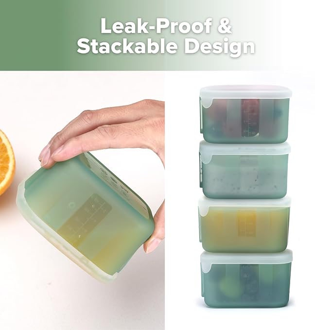 haakaa Mini Meal Silicone Storage Containers,8 oz Silicone Baby Food Containers with Airtight Lids,Reusable Baby Food Jars for Purees, Fruits & Snacks-Microwave & Dishwasher Safe,4 Pack, Pea Green