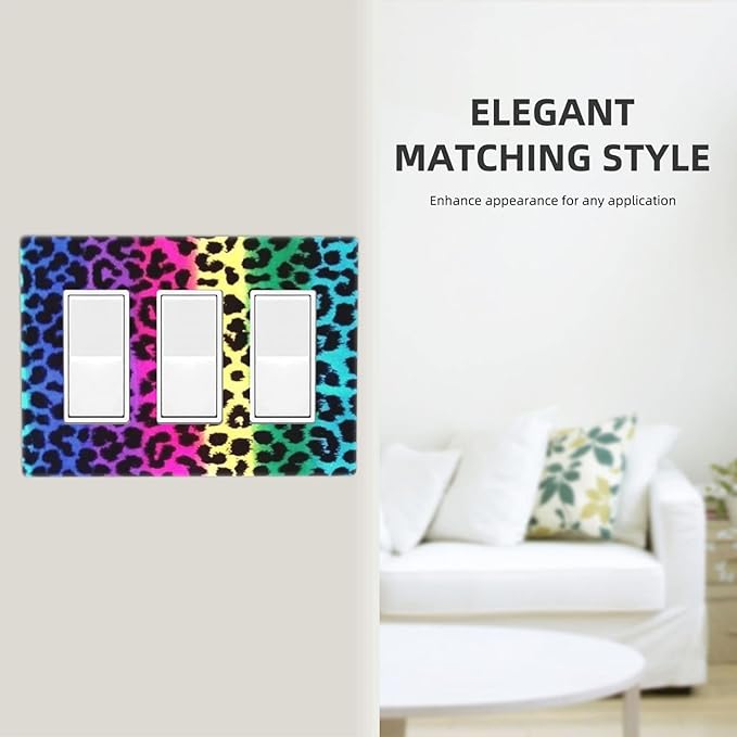 Rainbow Colorful Leopard 3 Gang Triple Rocker/Decor Light Switch Wall Plate Cover Decorative Electrical Faceplate For Girls Boys Home Bedroom Decorate Large Size 6.57" x 4.65