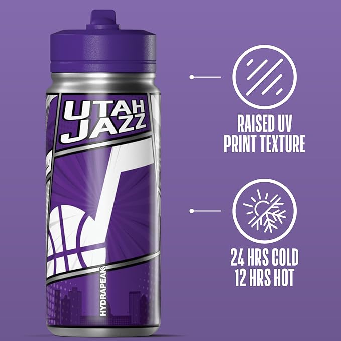 Hydrapeak x NBA Utah Jazz 20 oz Stainless Steel Water Bottle, Officially Licensed Double Wall Insulated Sports Bottle with Straw Lid, Reusable Leakproof Gift for Kids & Adults