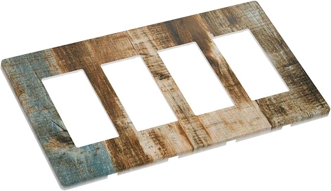 Brown Wood 4 Gang Quad Rocker/Decor Light Switch Cover Plate Decorative Electrical Faceplate for Bathroom Room Decorate Jumbo Size Screwless 8.3" x 4.6
