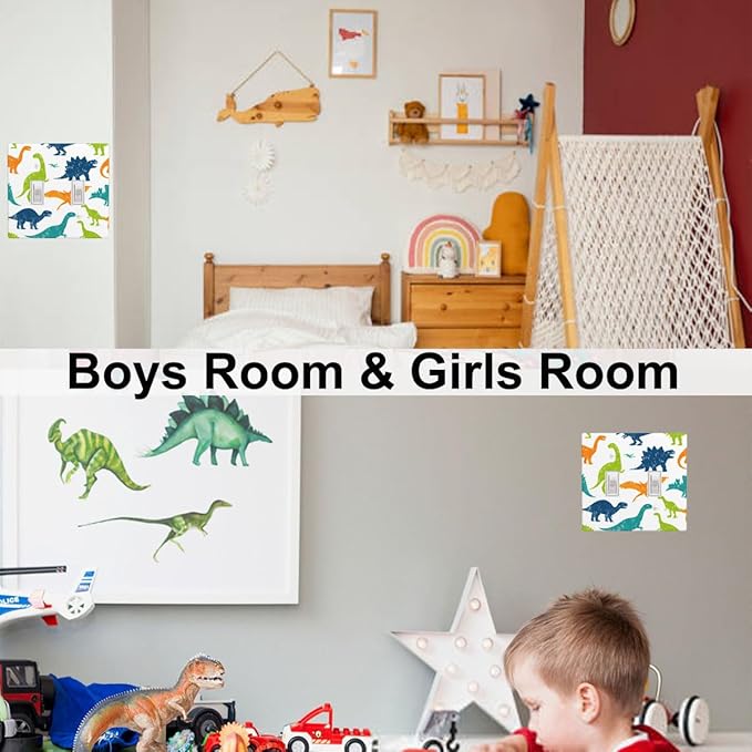 Colorful Dinosaur 2-Gang Double Toggle Light Switch Plate, Watercolor Blue & Green Dinosaur Cartoon Wall Plate for Boys Bedroom, Playroom & Nursery