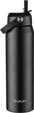 Oldley 32oz Insulated Water Bottle with Straw, Stainless Steel Water Bottle for Sports, Travel, School, BPA-Free Sports Bottles for Adult Kids, Leak-Proof, Black