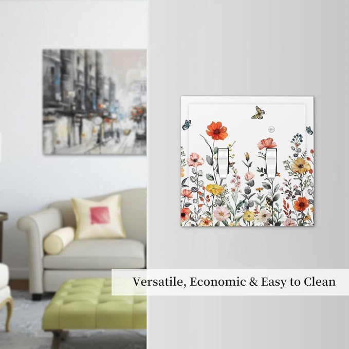Spring Vibrant Wildflower Blossom Double Toggle Wall Plate Red Colored Country Vintage Floral Wild Butterfly Flowers Decorative 2-Gang Light Switch Cover Electrical Receptacle Outlet Face Plate Cover