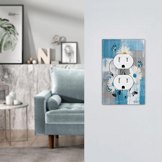 Rustic Daisy Teal Blue Floral Vintage Plant Single Duplex Wall Plate Covers Light Switch Cover 1 Gang Outlet Plate Decorative Switchplate Covers Electrical Faceplate for Farmhouse Bedroom Decor