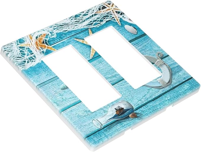 Nautical Turquoise Teal Beach Fishing Net Wood Plank 2 Gang Double Rocker/Gfci Outlet Light Switch Cover Aqua W ooden Decorative Dual Device Decorator Wall Plate Screwless for Receptacle Dimmer Cover