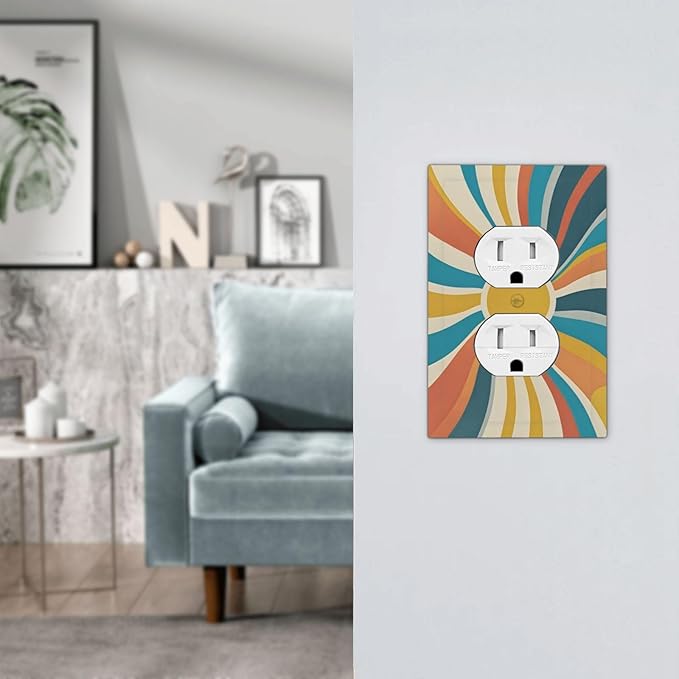 Decorative Outlet Covers with Retro Mid-Century Modern Sunburst Motif Design 1 Gang Duplex Light Switch Cover Plate Unique Wall Plates Switchplate Cover for Abstract Teal/Yellow/Orange Wall