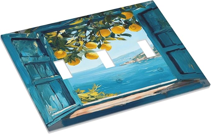 Window View Coastal Lemon Tree Mediterranean Landscape Decorative Switch Plates 3 Gang Wall Plate Triple Toggle Light Switch Cover Faceplate Electrical Wall Panels for Bedroom Living Room Decor
