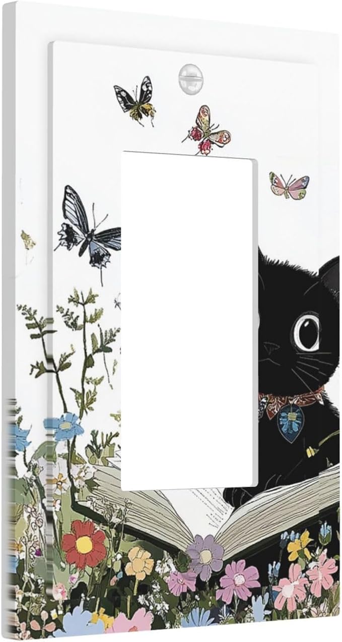 Decorative Outlet Covers Cute Cat Wildflowers Boho Flowers Floral 1 Gang Single Rocker Light Switch Cover Plate Wall Plates Gfci Faceplate For Nursery Kids Room Decor