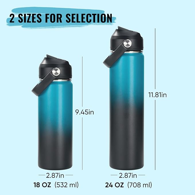 Fijinhom 18oz Insulated Stainless Steel Water Bottle, Wide Mouth Double Wall Vacuum, Silicone Straw, Sweat & Leak Proof, BPA Free Insulated Water Flask for Travel, Keep Cold 24h Hot 12h, Blue