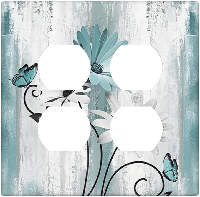 Decorative Light Switch Cover Plate Teal Daisy Floral Butterfly Vintage Wood 2 Gang Decorative Switch Plates 1 Toggle Duplex Combo Outlet Covers GFCI Plug Covers Wallplates for Bathroom Bedroom Decor