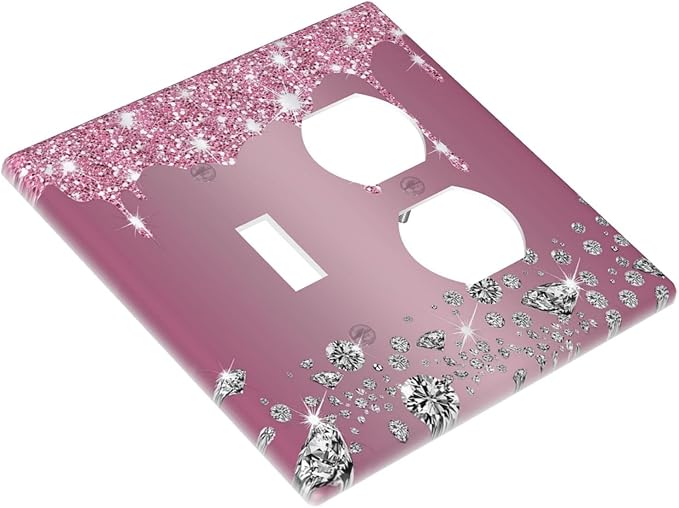Decorative Outlet Covers Sparkling Diamonds Pink Silver Glitter Drops 2 Gang Wall Plate Cover Single Toggle Duplex Combo Two Switch Light Switch Cover Plate Jumbo Dual GFCI Face Plate