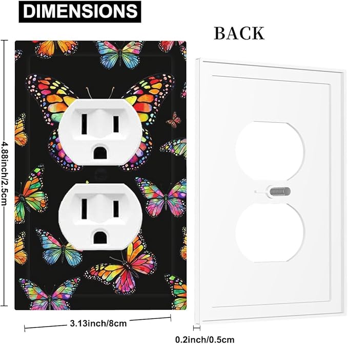 Vibrant Rainbow Butterflies on Black Duplex Wall Plate - 1-Gang Standard US Size Enchanted Garden Escape Outlet Covers for Bedroom Decor