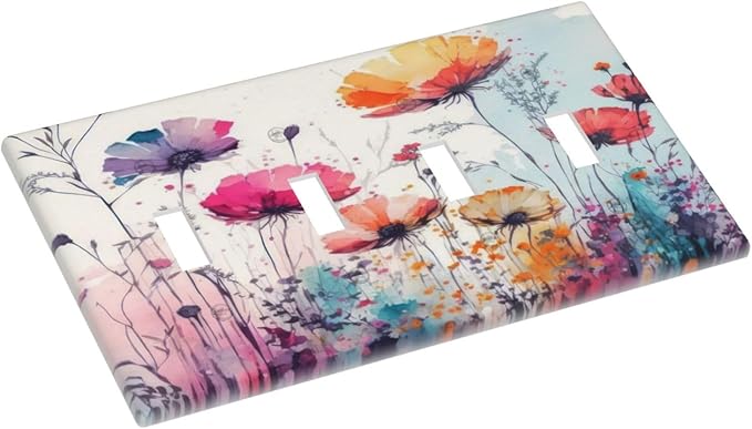 Light Switch Cover Plate Abstract Floral watercolor flowers 4 Gang Switch Plate Quad Toggle Wall Plates Wildflower Decorative Switchplate Electrical Outlet Cover Plates for Home Decor