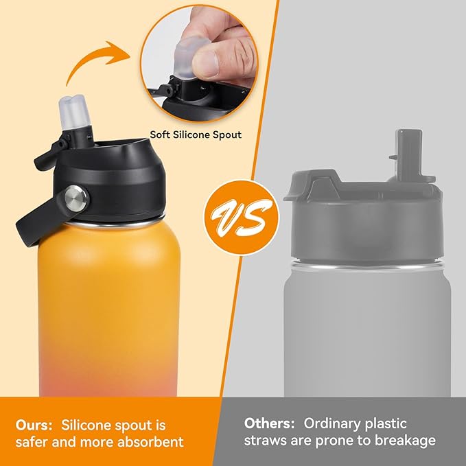 Fijinhom 32oz Insulated Stainless Steel Water Bottle, Wide Mouth Double Wall Vacuum, Silicone Straw, Sweat & Leak Proof, BPA Free Insulated Water Flask for Travel, Keep Cold 24h Hot 12h, Orange
