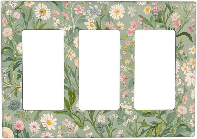 Decorative Light Switch Plate with Vintage Wildflowers & Daisies on Light Green Background Design 3 Gang Outlet Covers Triple Rocker Wall Plate Switch Plate Cover
