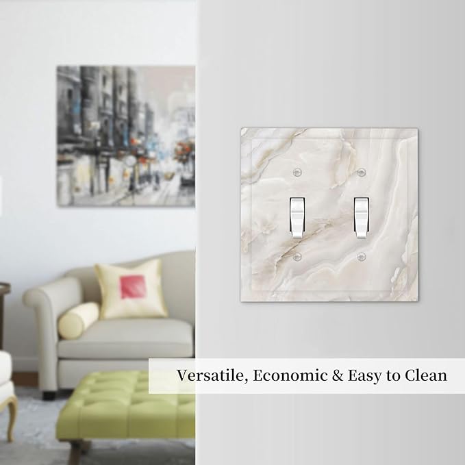 Abstract Luxury White Marble Texture Decorative Switch Plates 2 Gang Double Toggle Outlet Light Switch Cover Wall Plate Electrical Faceplate for Bathroom Kitchen Living Room Decor