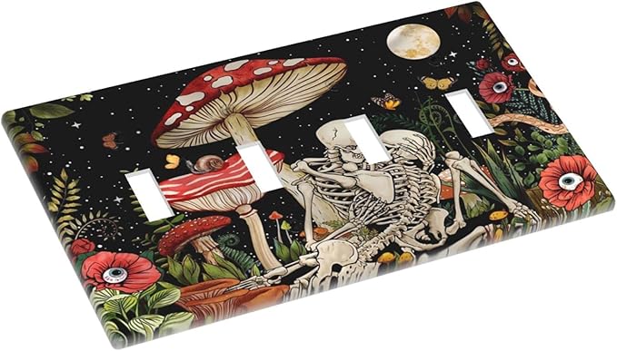 Mushroom Skull Skeleton Moon Quad Toggle Light Switch Cover Decorative 4 Gang Switch Plates Cover Star Plants Flora switchplate for Bathroom Home Living Room Decor 8 X 4.5 In