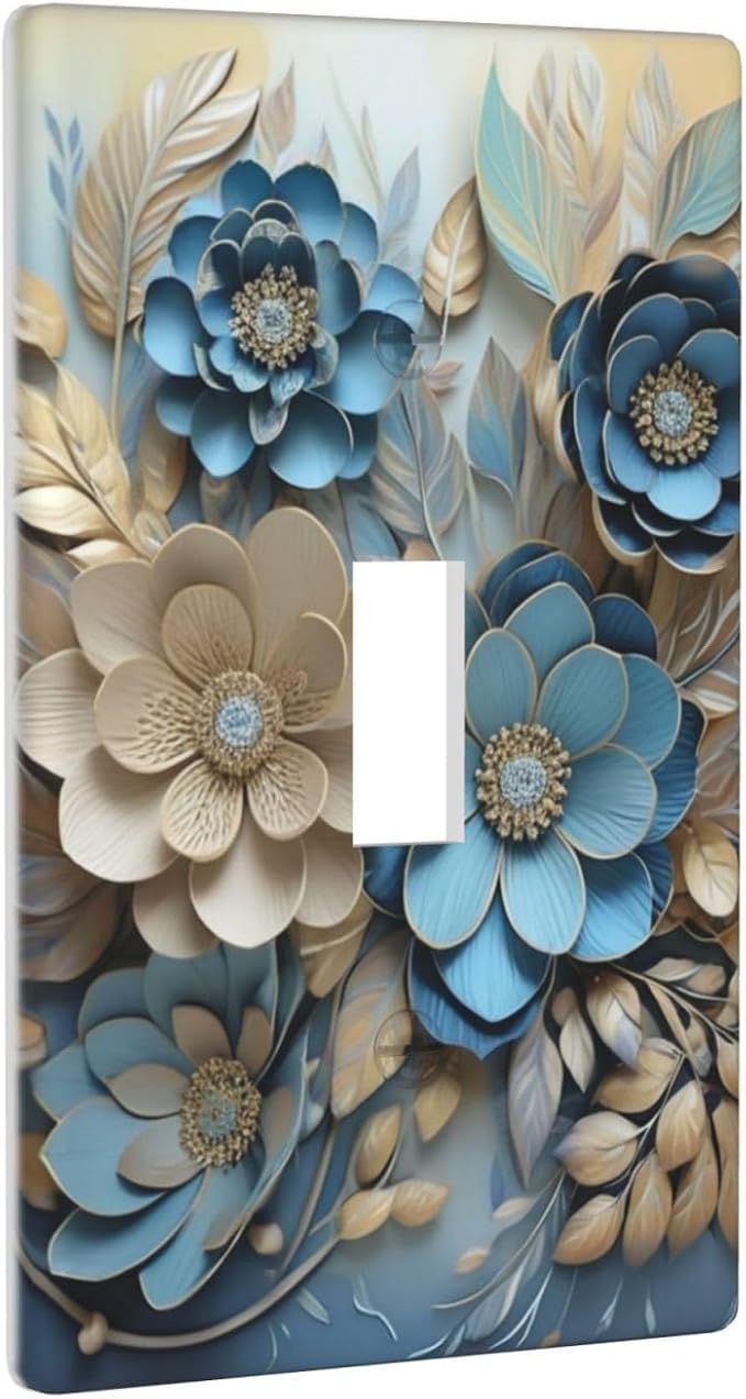 Decorative Art Light Switch Covers Blue and Creamy Floral Single Toggle Wall Plate Decorative Switchcover Electrical Switchplate for Home Decor
