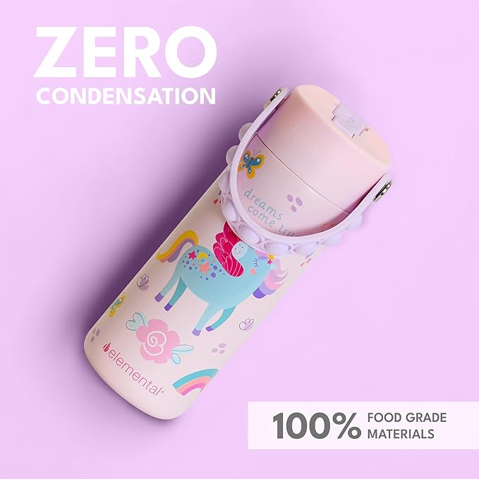 Elemental 100% Leak Proof When Spout is Closed Insulated Kids Water Bottle, Stainless Steel Bottle for School with Straw Lid & Pop-It Handle, Unicorn Rainbow & Unicorn Magic - 18oz (2 Pack)