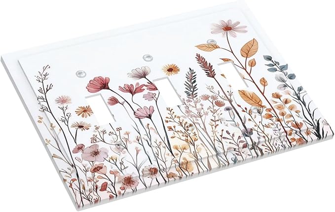 Decorative Switch Plates Spring Floral Pink Wildflower Leaves Plants 3 Gang Wall Plate Triple Toggle Light Switch Cover Faceplate Electrical Wall Panels For Home Bed Room Decor
