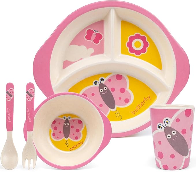 Kids Dinnerware Set, 5-Piece Mealtime Tableware for Children & Toddlers – Includes Divided Plate, Bowl, Cup, Fork & Spoon – Natural Bamboo Fiber, BPA-Free, Dishwasher Safe (Butterfly)