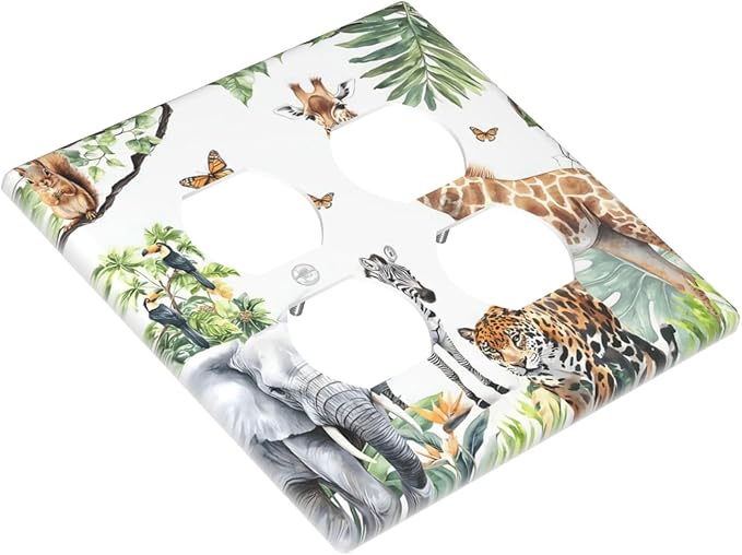 Elephant Giraffe Jungle Animals Leopard Zoo Outlet Covers 2 Gang Double Duplex Decorative Light Switch Covers Electrical Wallplates Socket Faceplate for Kids Room Nursery Decor