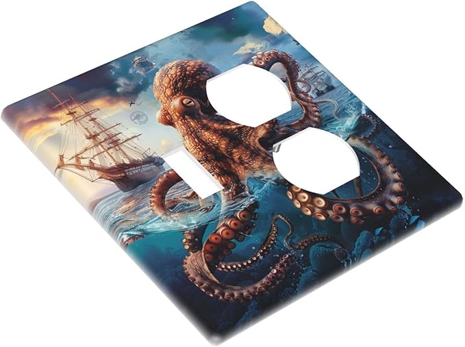 Outlet Covers Deep Ocean Octopus Sailboat Sea Monster 2 Gang Decorative Switch Plates 1 Toggle Duplex Combo Light Switch Cover GFCI Socket Cover WallPlates for Bathroom Bedroom Decor