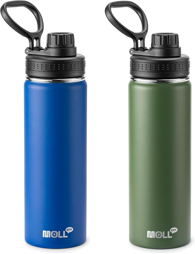 2 Pack Insulated Water Bottle -22 oz Stainless Steel Vacuum Sports Water Bottle Wide Mouth Flask with Leakproof Spout Lid (Navy-Grass Green)