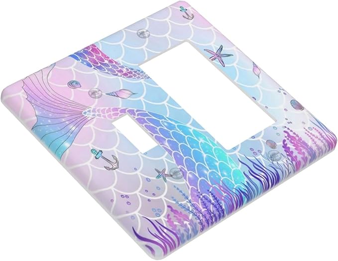Purple Pink Mermaid Tail Scales Starfish Decorative Single Toggle/Rocker Combo Light Switch Cover 2-Gang Cute Kids Girl Electrical Wall Plate Double Combination Switch Decorator GFCI Receptacle Cover