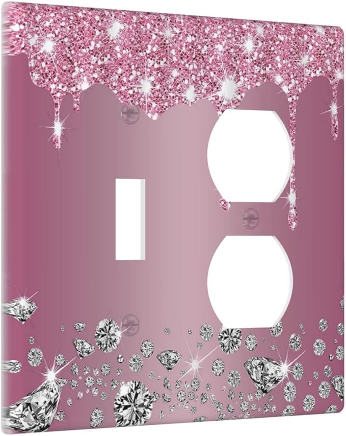 Decorative Outlet Covers Sparkling Diamonds Pink Silver Glitter Drops 2 Gang Wall Plate Cover Single Toggle Duplex Combo Two Switch Light Switch Cover Plate Jumbo Dual GFCI Face Plate