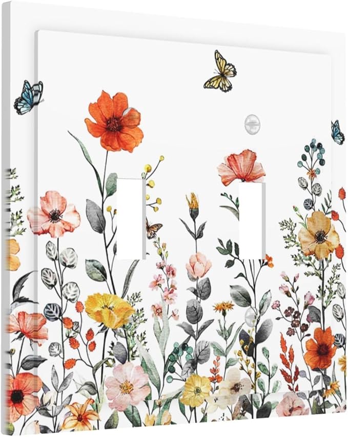 Spring Vibrant Wildflower Blossom Double Toggle Wall Plate Red Colored Country Vintage Floral Wild Butterfly Flowers Decorative 2-Gang Light Switch Cover Electrical Receptacle Outlet Face Plate Cover