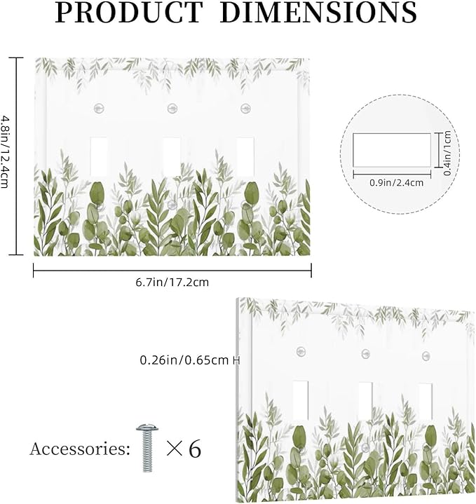 Green Eucalyptus Plant Leaves Vine Decorative Switch Plates 3 Gang Wall Plate Triple Toggle Light Switch Cover Faceplate Electrical Wall Panels for Bed Room Living Room Decor