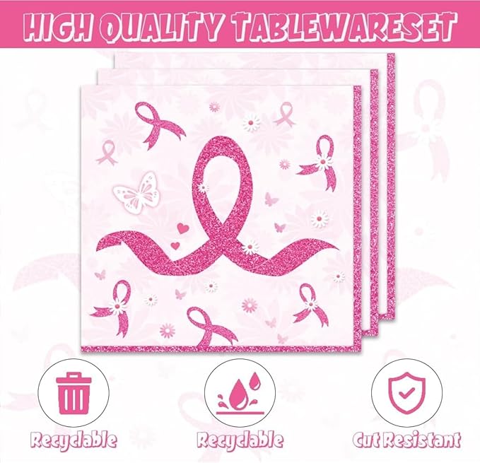 48Pcs Breast Cancer Party Decorations Include Plates Napkins Guests Cancer Free Party Decorations Serve 24 Guests Breast Cancer Party Supplies