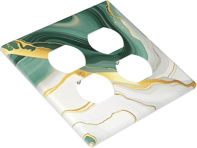 Outlet Covers Turquoise Marble Texture Golden Lines 2 Gang Double Duplex Decorative Light Switch Covers Electrical Wallplates Socket Faceplate For Bed Room Bathroom Decor