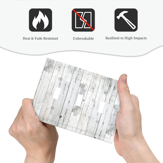 Grey White Wood 3 Gang Triple Toggle Light Switch Wall Plate Cover Decorative Electrical Faceplate for Rustic Barn Door Home Living Room Decorate 6.7" x 4.8