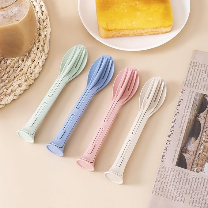 3PCS Wheat Straw Cutlery, Reusable Utensils Set Portable Travel 3 in 1 Spoon Fork Knife Tableware, Eco-Friendly, BPA Free, Flatware for Kids Adults, Travel Picnic Camping (Beige)